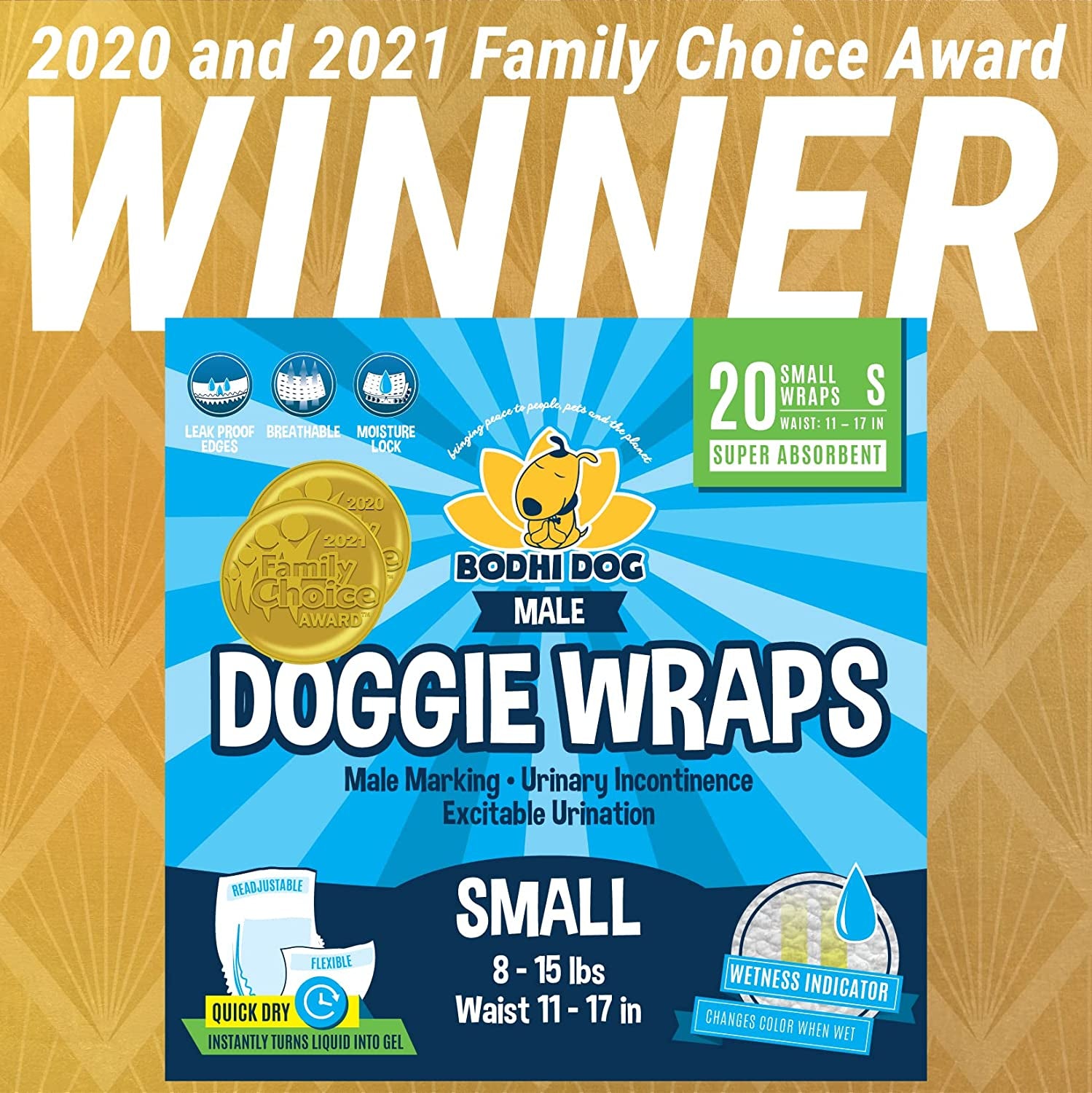 Disposable Male Dog Diapers | Super Absorbent Leak-Proof Fit | Premium Adjustable Male Dog Pee Wraps with Moisture Control & Wetness Indicator | 20 Count Small Size