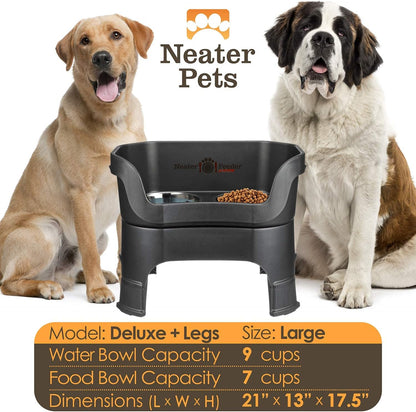 Neater Feeder - Deluxe Model Adjustable Height - Mess-Proof Dog Bowls (Large, Midnight Black) - Made in USA - Elevated, No Spill, Non-Tip, Non-Slip, Raised Stainless Steel Food & Water Pet Bowls