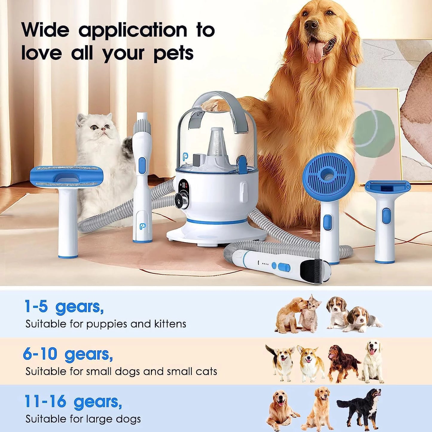 Pet Grooming Vacuum Kit, 5 In-1 Pet Grooming Vacuum Suction 99% Pet Hair for Dogs Cats, 3L Large Capacity Dust Cup, Quiet Pet Vacuum Groomer for Shedding Pet Hair, Home Cleaning