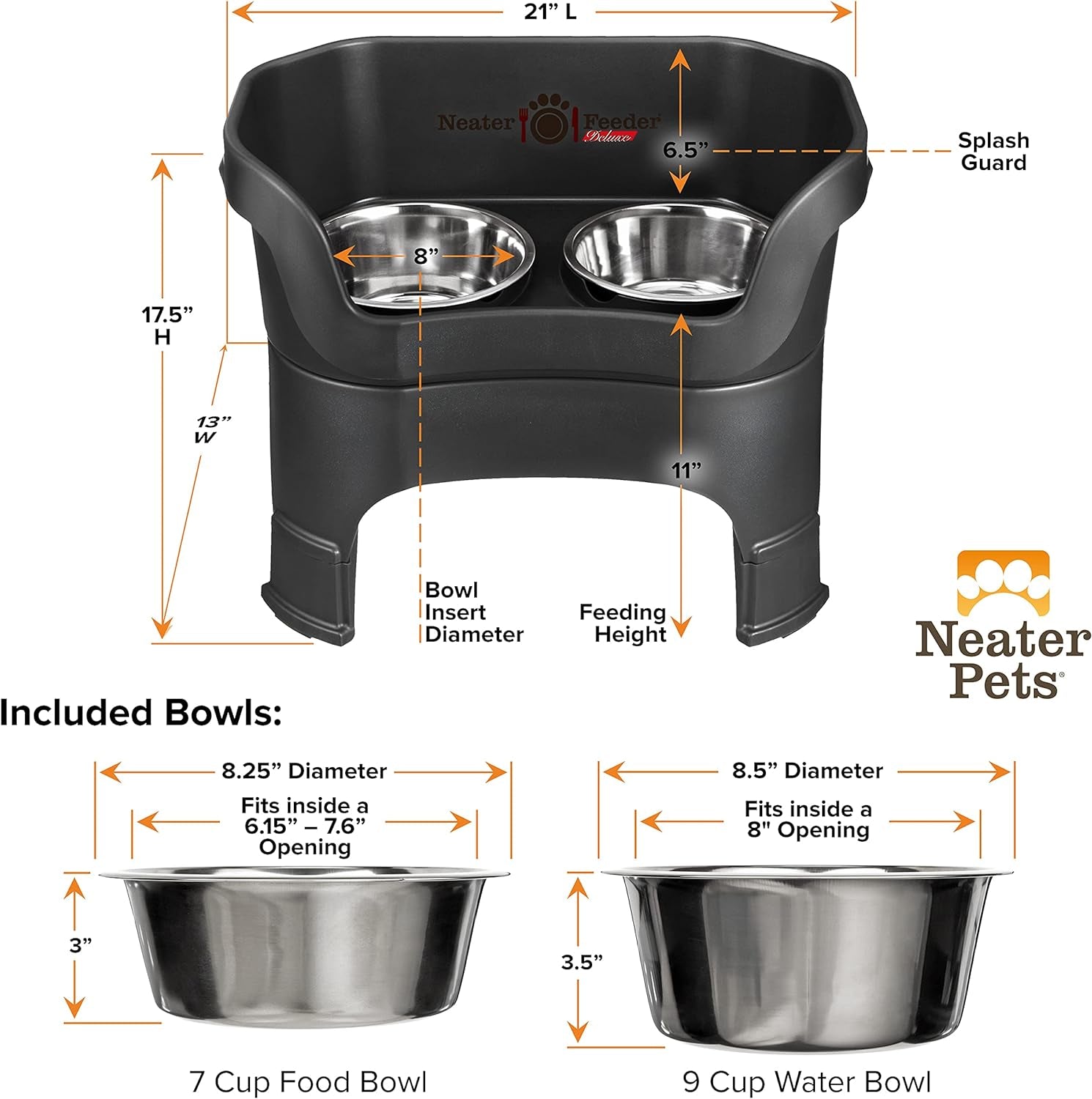 Neater Feeder - Deluxe Model Adjustable Height - Mess-Proof Dog Bowls (Large, Midnight Black) - Made in USA - Elevated, No Spill, Non-Tip, Non-Slip, Raised Stainless Steel Food & Water Pet Bowls