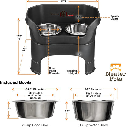 Neater Feeder - Deluxe Model Adjustable Height - Mess-Proof Dog Bowls (Large, Midnight Black) - Made in USA - Elevated, No Spill, Non-Tip, Non-Slip, Raised Stainless Steel Food & Water Pet Bowls